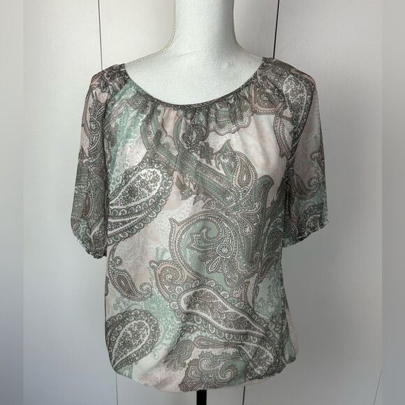 Chico's Boho Paisley Blouse Size 0 Sheer Chiffon Short Sleeve Top Green Brown - Picture 1 of 6